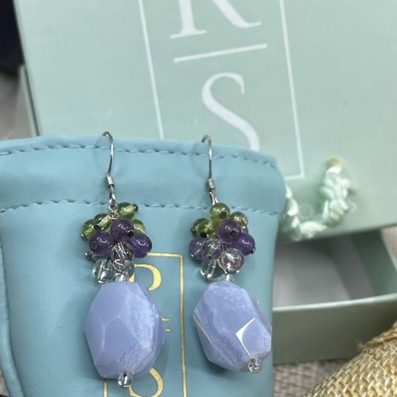 Ross-Simons Blue Agate Amethyst Peridot Quartz Cluster Dangle Earrings 11.6g - Picture 7 of 15